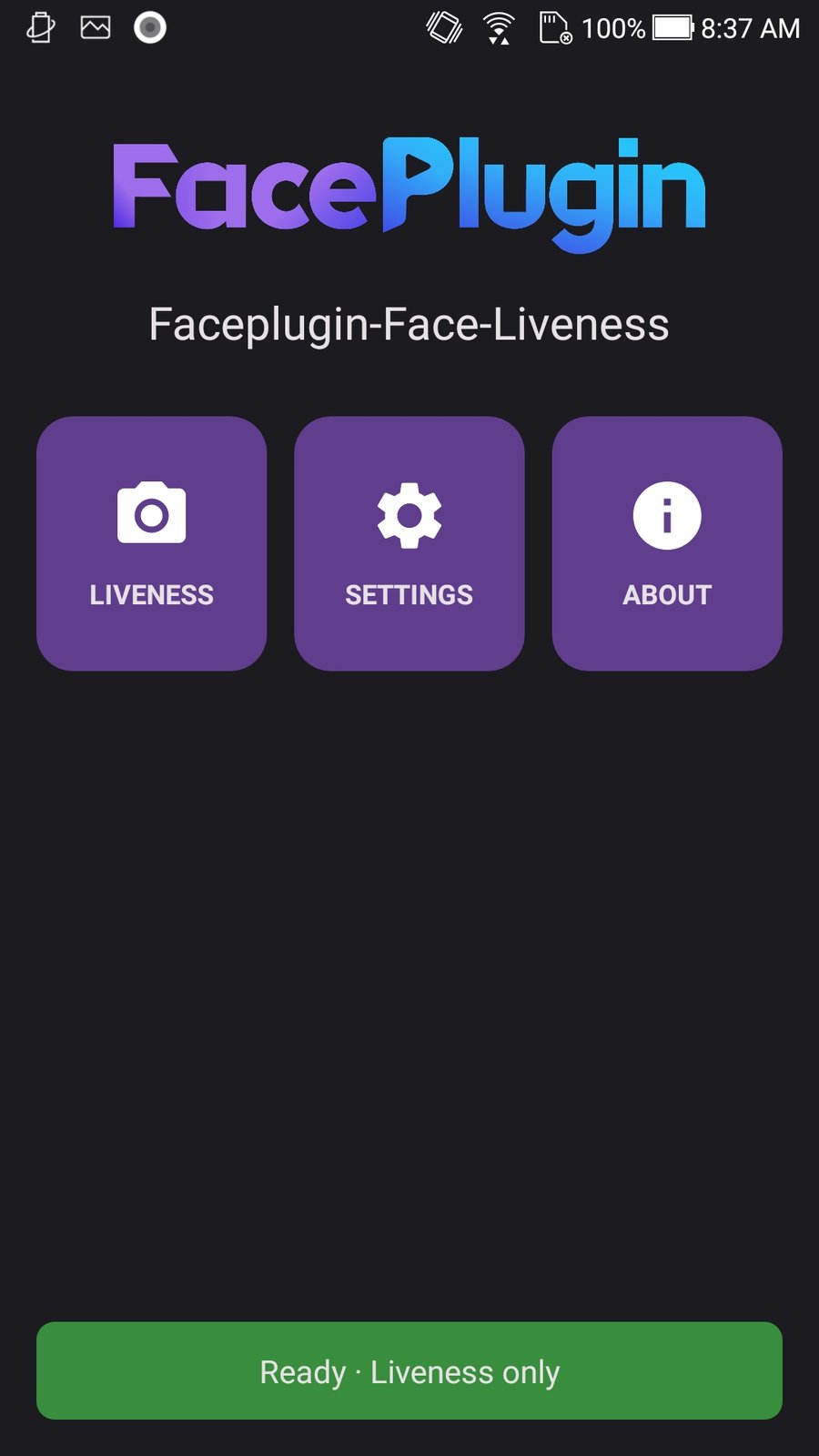 Faceplugin Face Liveness sample demo home (mobile UI from faceplugin-assets, not a dedicated iOS photoshoot)