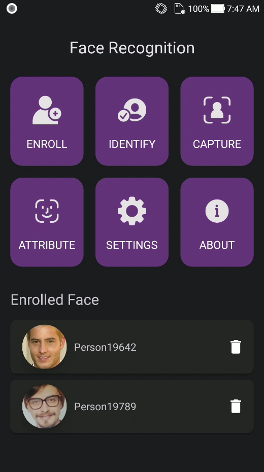Faceplugin Face Recognition Android sample UI (shown on the Flutter page; no separate Flutter screenshot yet)